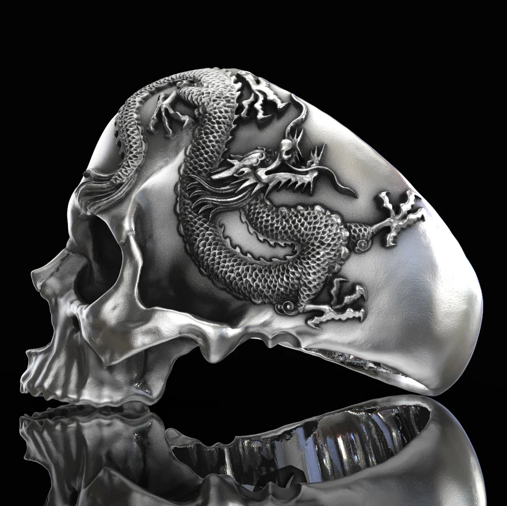 925 Silver Skull And Dragon Ring