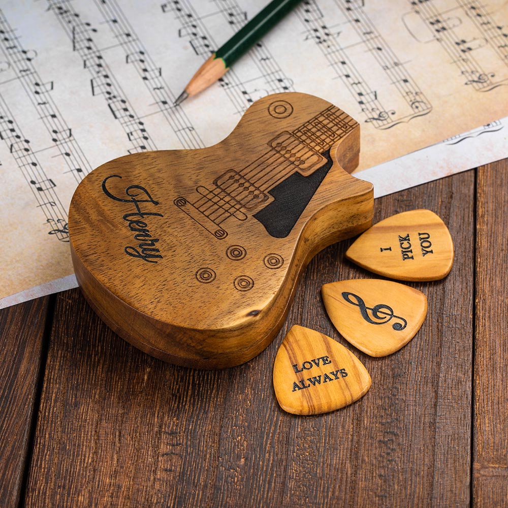 Personalized Wooden Guitar Picks Set of 3 with a Storage Case