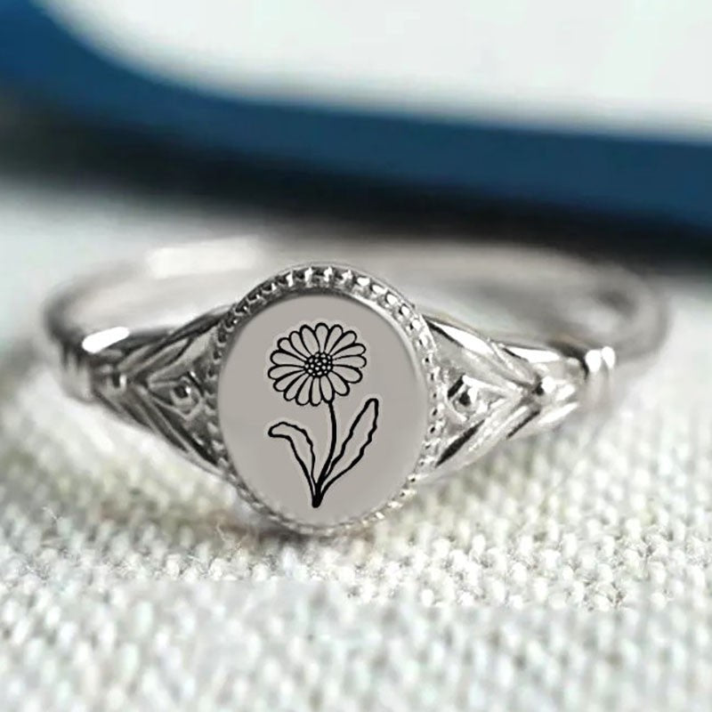 925 Sterling Silver Birth Month Flower Ring Vintage Flower Signet Ring