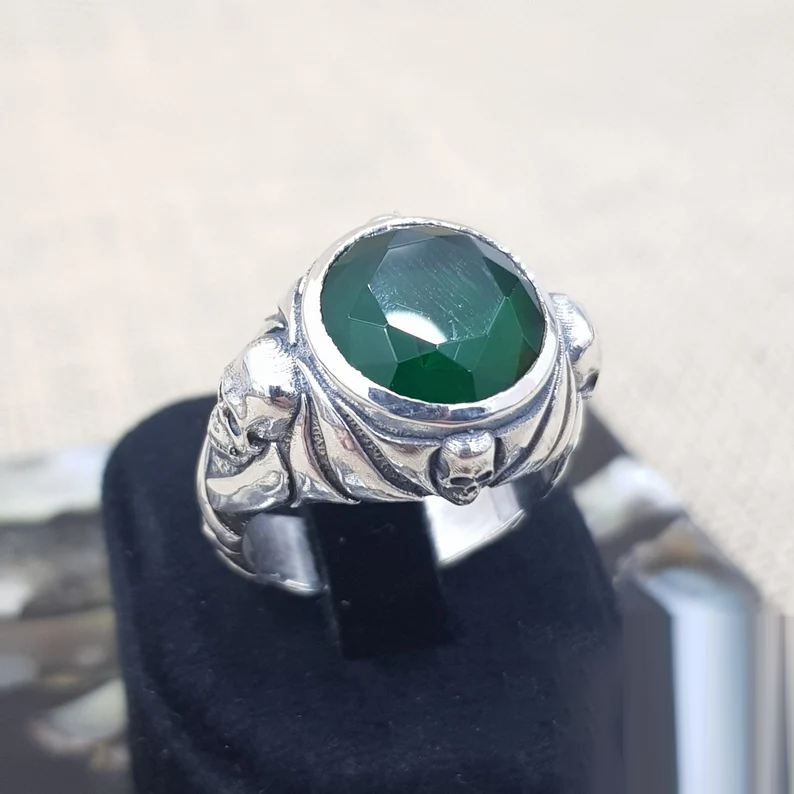 Jack Sparrow Skull Emerald Sterling Silver Ring