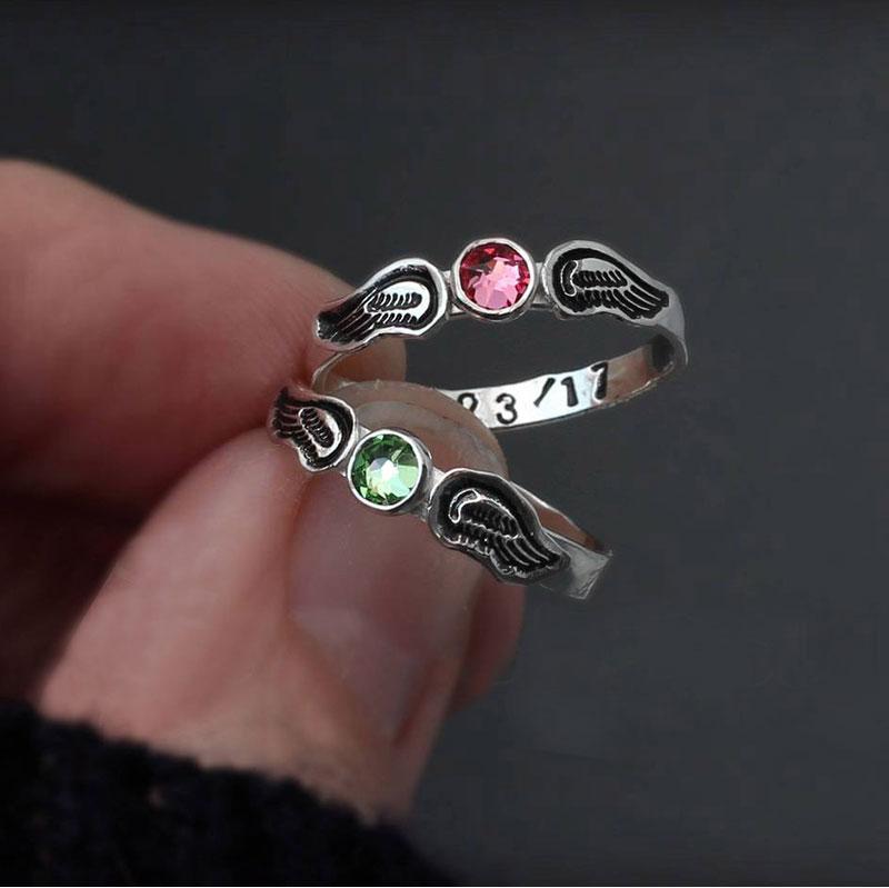 Hand Stamped Angel Wings Birthstone Ring