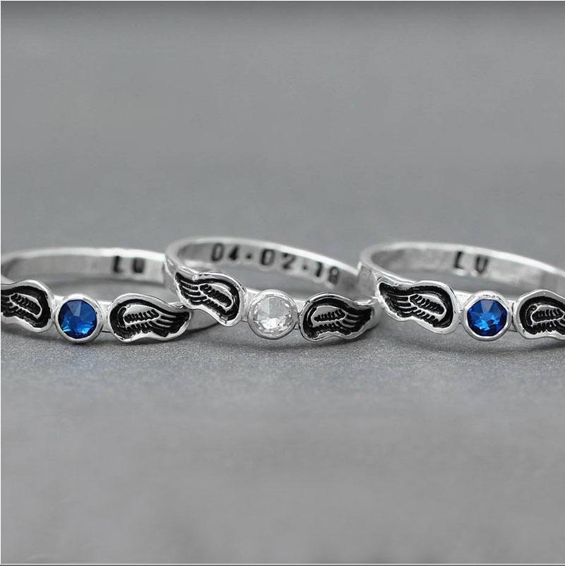 Hand Stamped Angel Wings Birthstone Ring