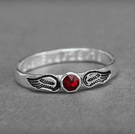 Hand Stamped Angel Wings Birthstone Ring