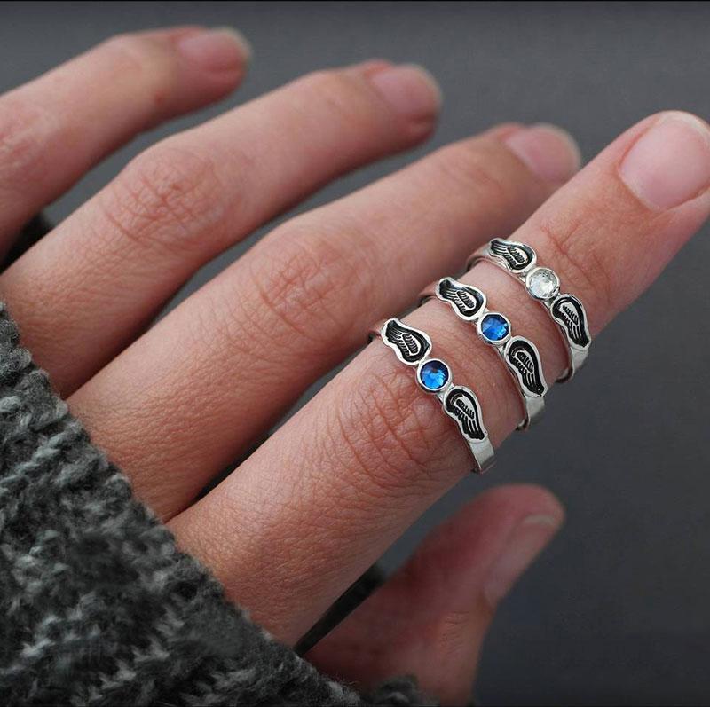 Hand Stamped Angel Wings Birthstone Ring