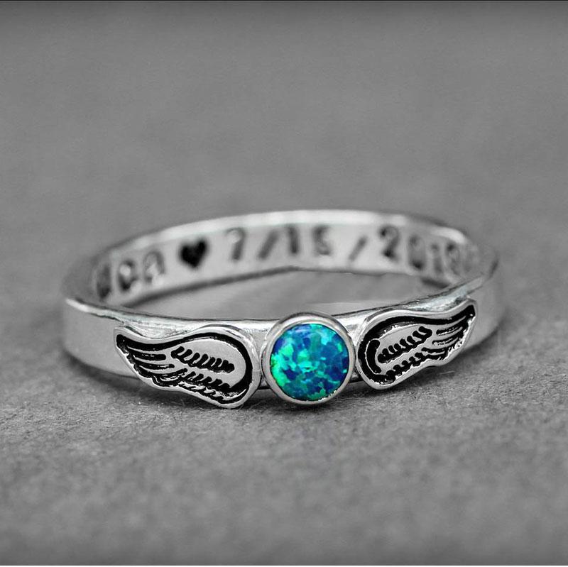 Hand Stamped Angel Wings Birthstone Ring