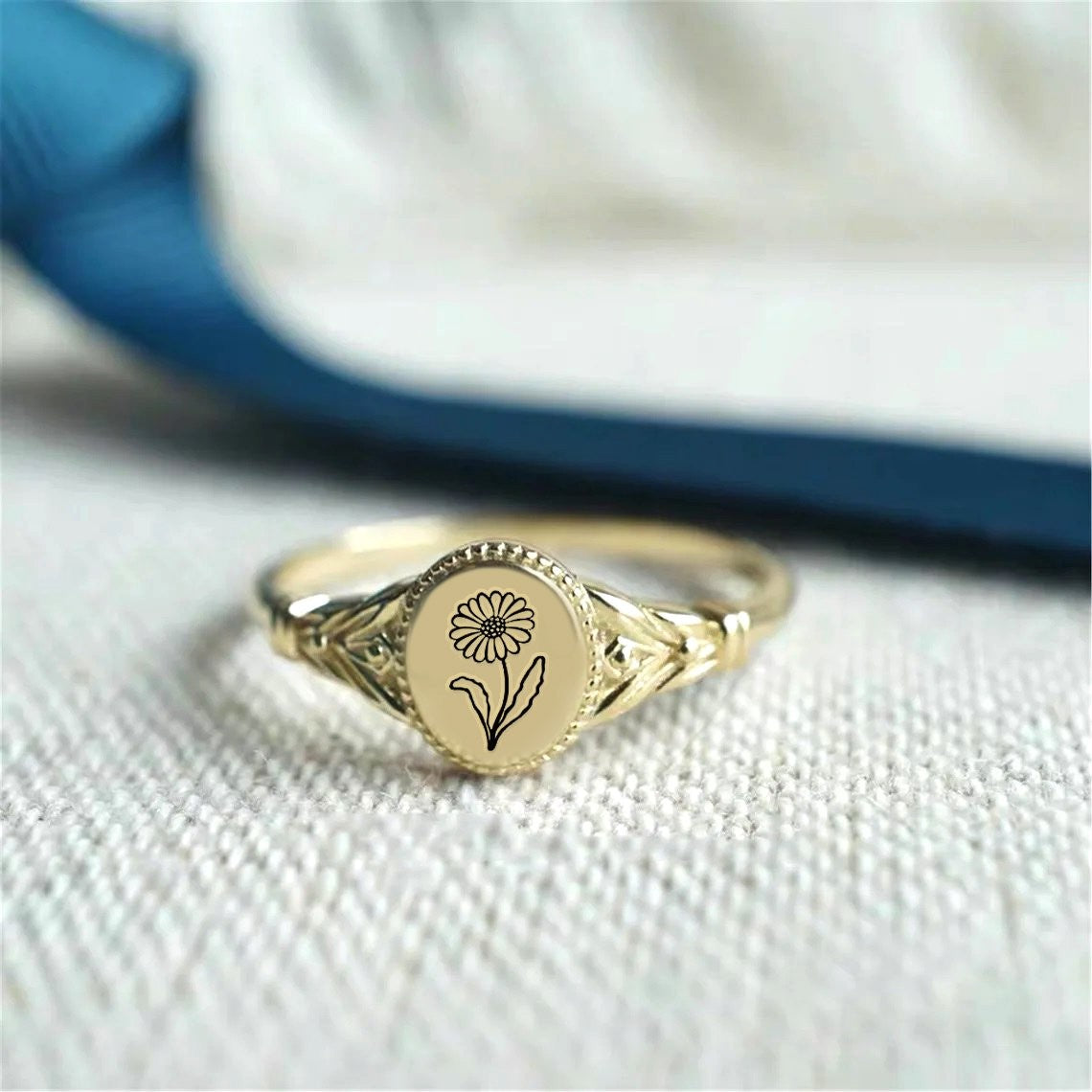 925 Sterling Silver Birth Month Flower Ring Vintage Flower Signet Ring