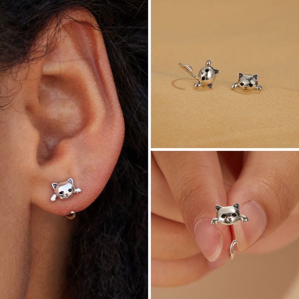 Black Eye Silver Cat Earrings