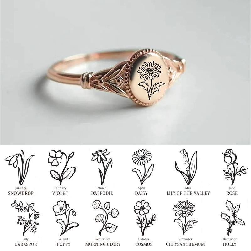 925 Sterling Silver Birth Month Flower Ring Vintage Flower Signet Ring