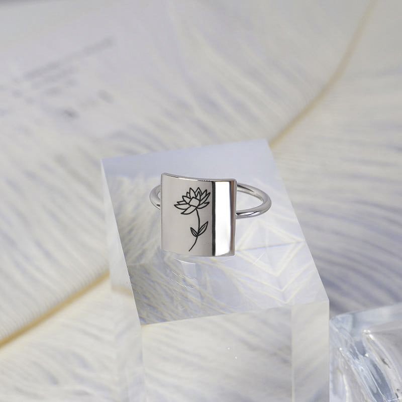 925 Sterling Silver Square Birth Month Flower Ring Personalized Flower Ring
