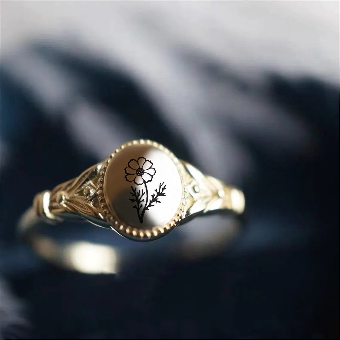 925 Sterling Silver Birth Month Flower Ring Vintage Flower Signet Ring