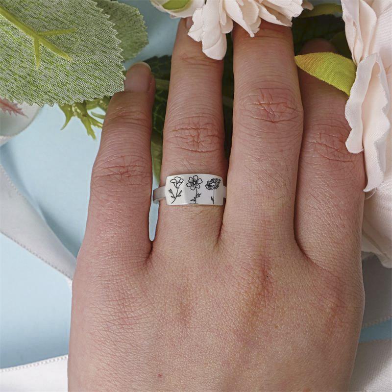 Sterling Silver Birth Month Flower Ring Custom Personalized Gift For Her