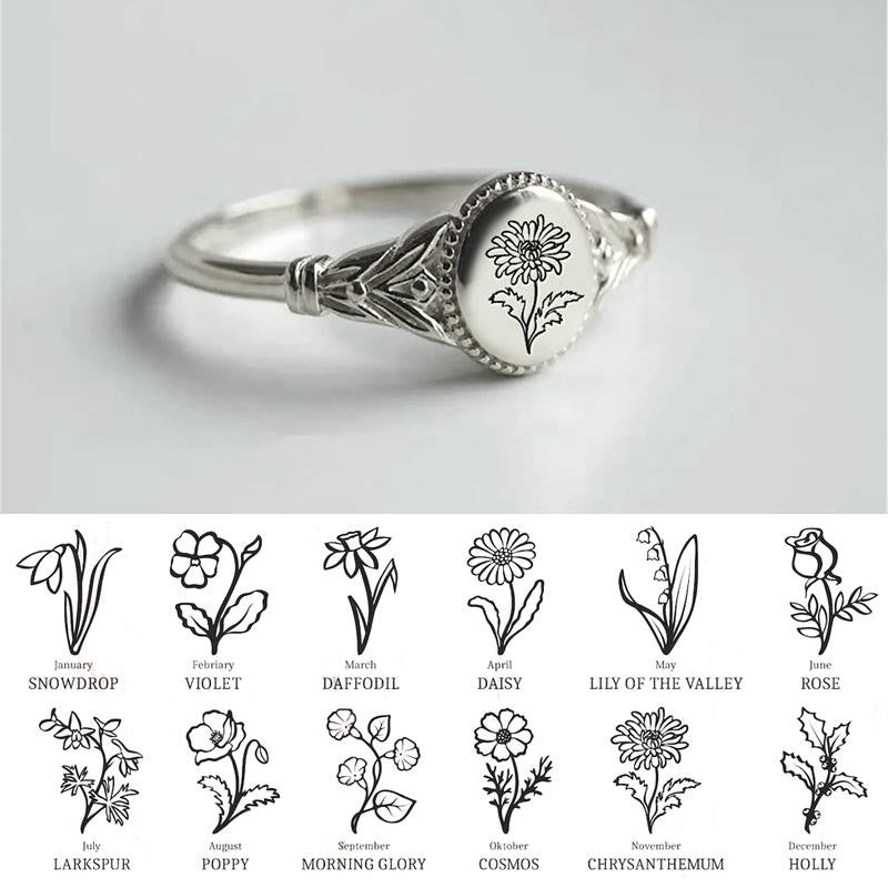 925 Sterling Silver Birth Month Flower Ring Vintage Flower Signet Ring