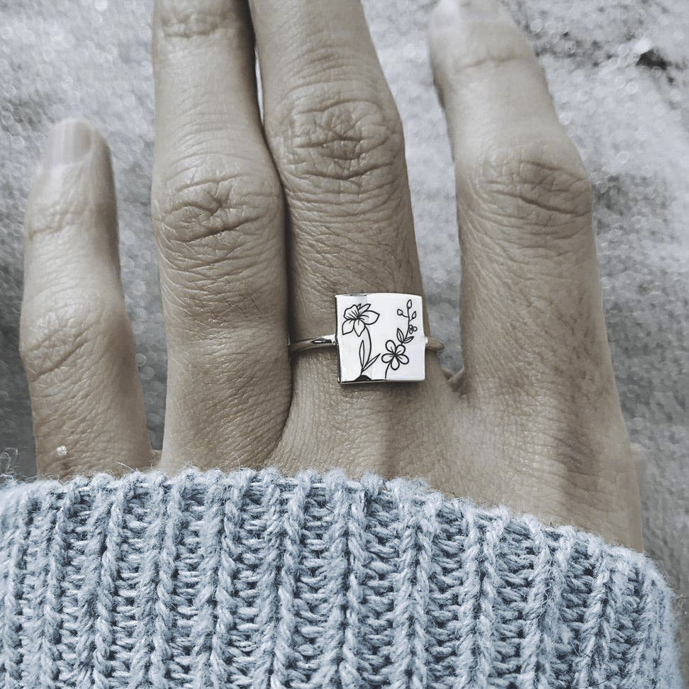 925 Sterling Silver Square Birth Month Flower Ring Personalized Flower Ring
