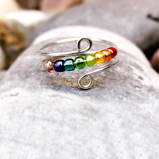 For Daughter - S925 Drive Away Your Anxiety Rainbow Beads Fidget Ring