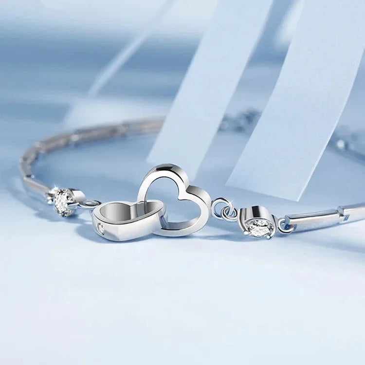 For Mother/Daughter - S925 Mother & Daughter Forever Linked Together Crystal Heart To Heart Bracelet