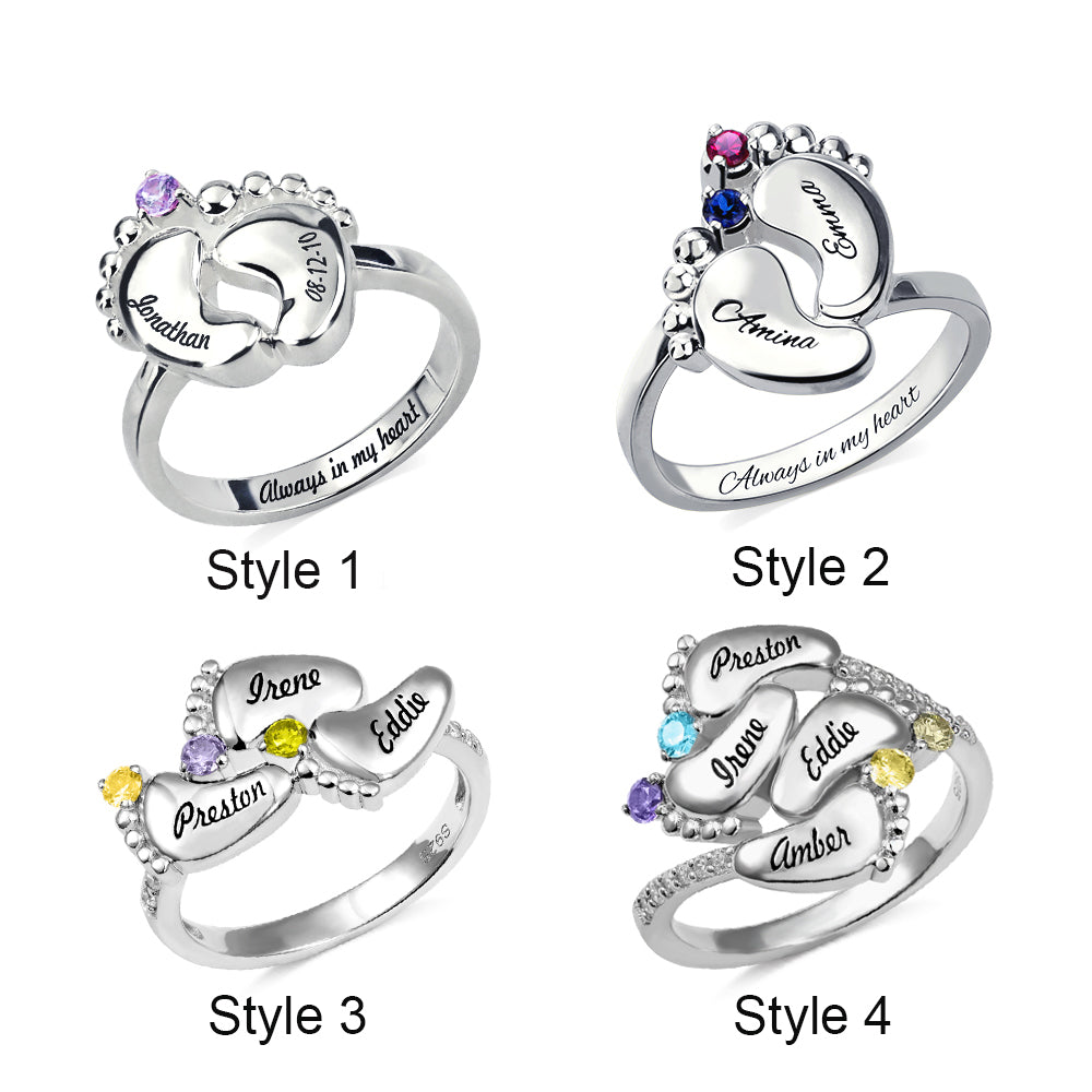 Engraved Baby Feet Ring with Birthstone