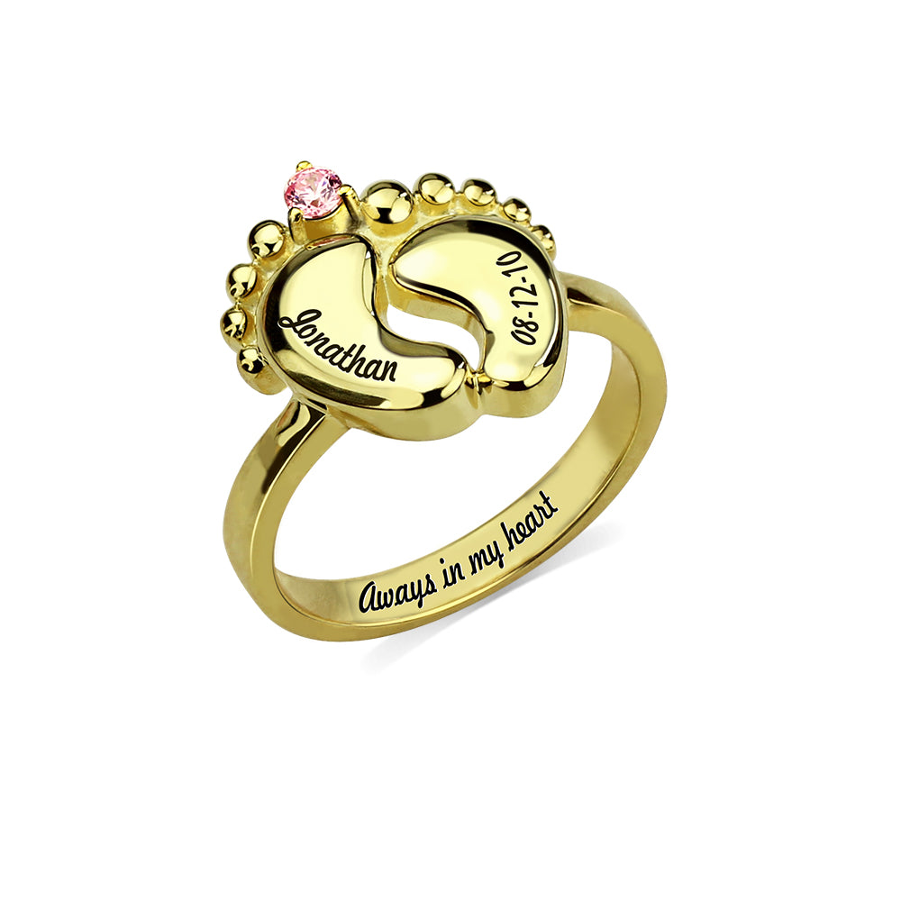Engraved Baby Feet Ring with Birthstone