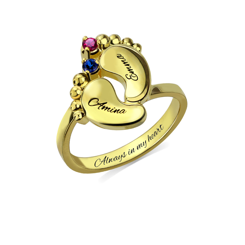 Engraved Baby Feet Ring with Birthstone
