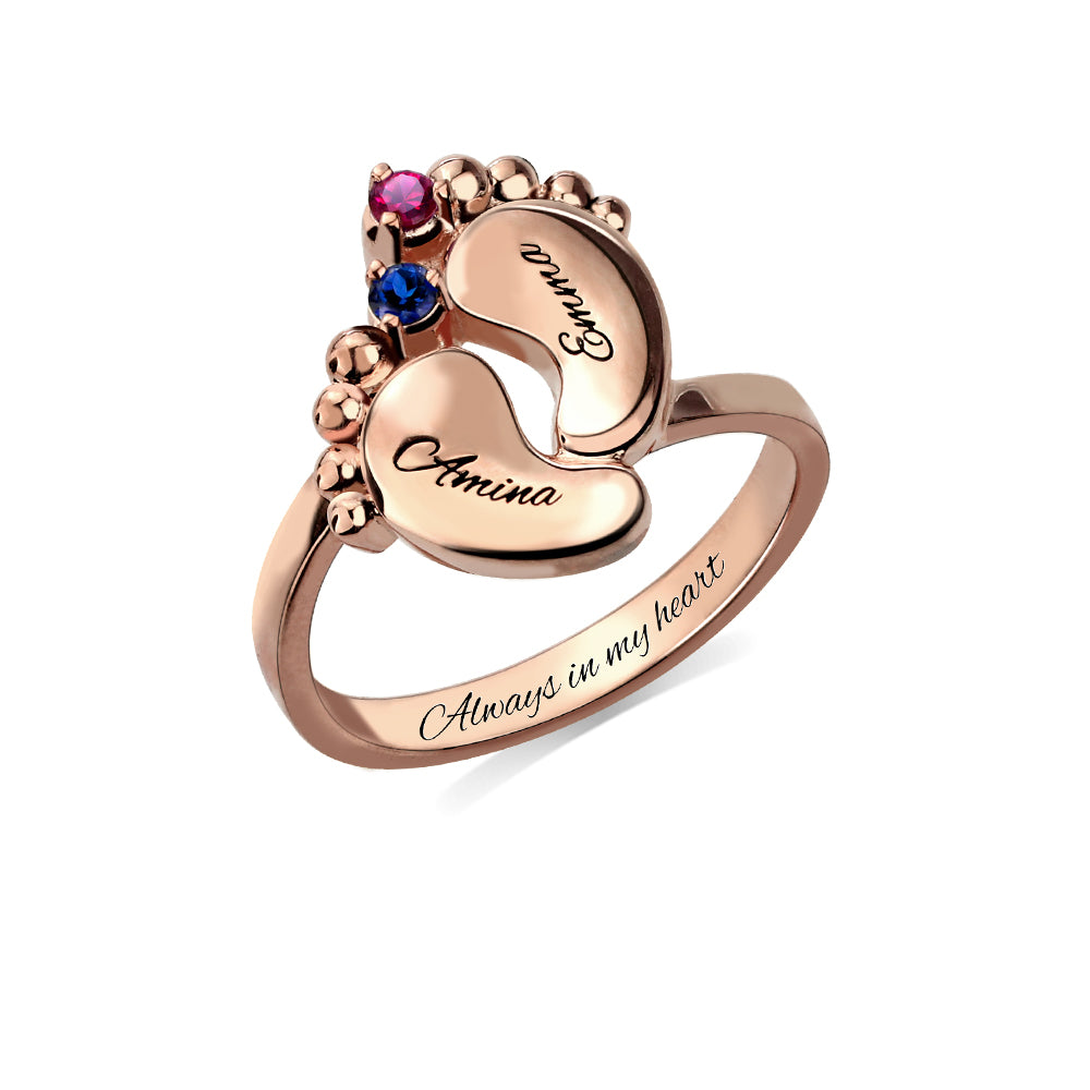Engraved Baby Feet Ring with Birthstone