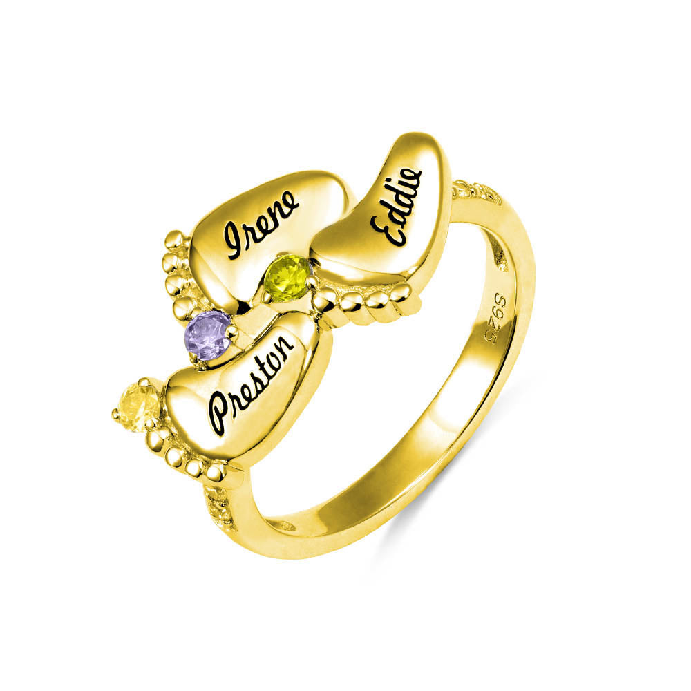 Engraved Baby Feet Ring with Birthstone