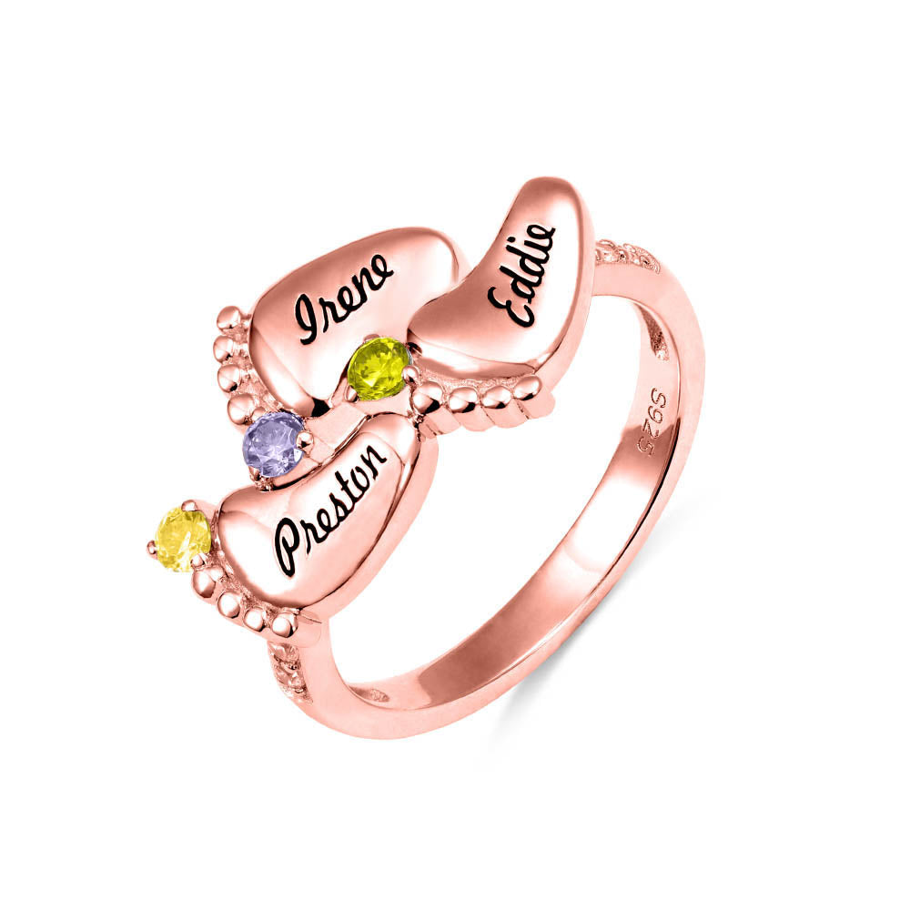 Engraved Baby Feet Ring with Birthstone