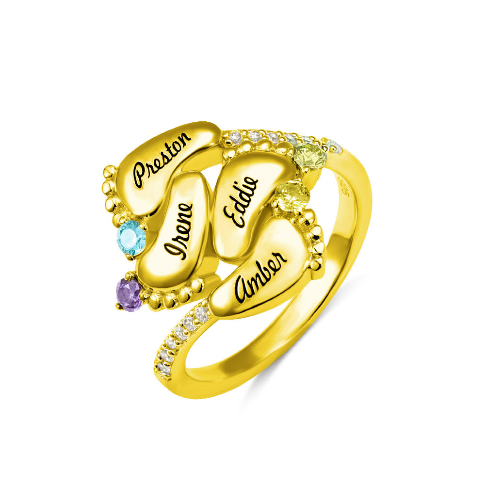 Engraved Baby Feet Ring with Birthstone
