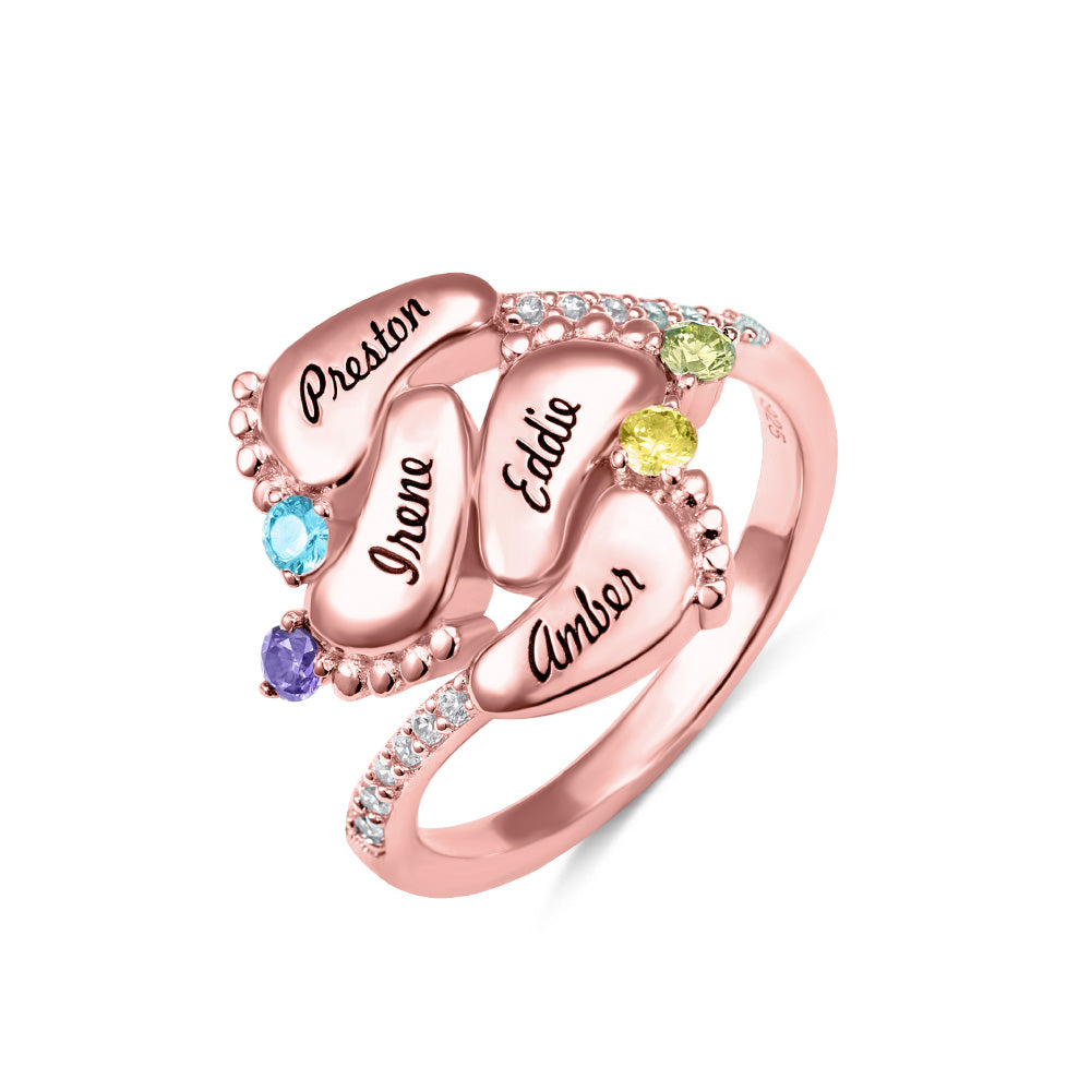 Engraved Baby Feet Ring with Birthstone