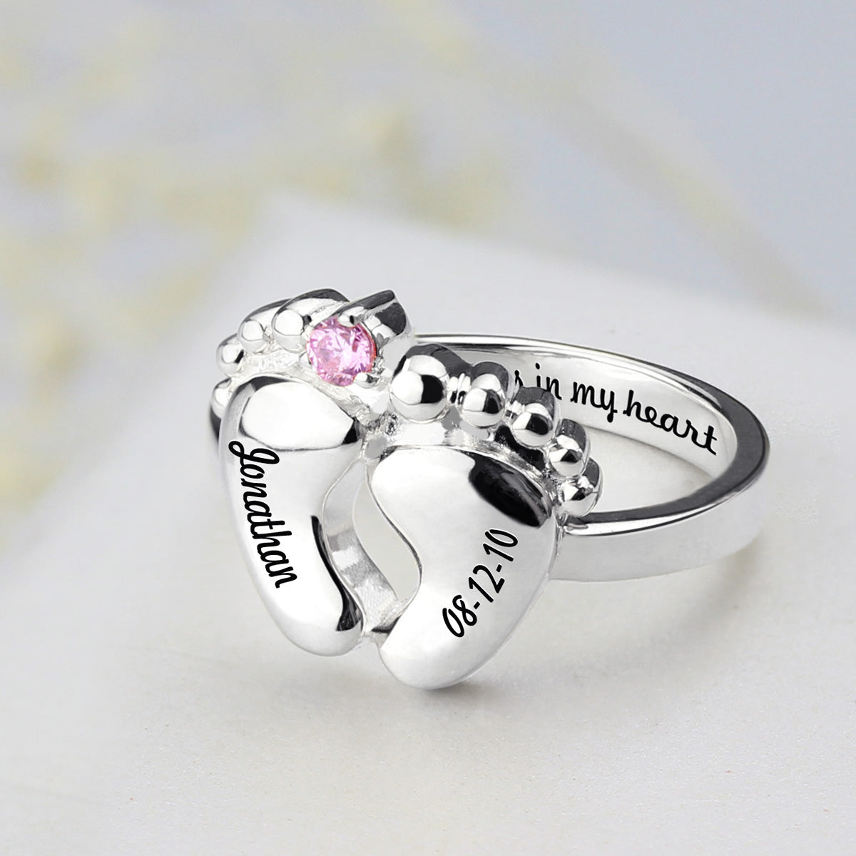 Engraved Baby Feet Ring with Birthstone