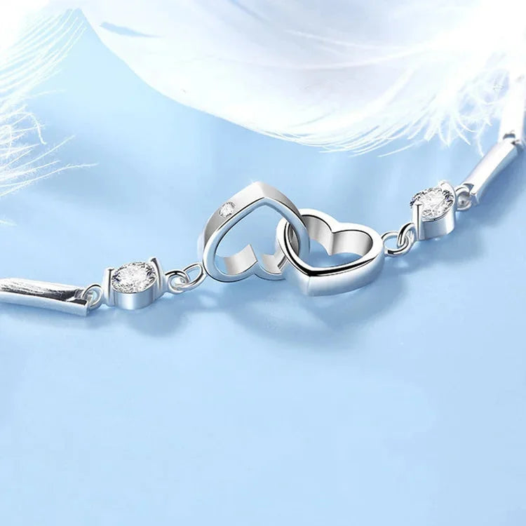 For Mother/Daughter - S925 Mother & Daughter Forever Linked Together Crystal Heart To Heart Bracelet