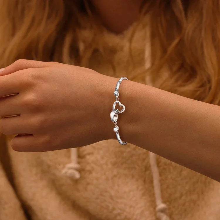 For Mother/Daughter - S925 Mother & Daughter Forever Linked Together Crystal Heart To Heart Bracelet