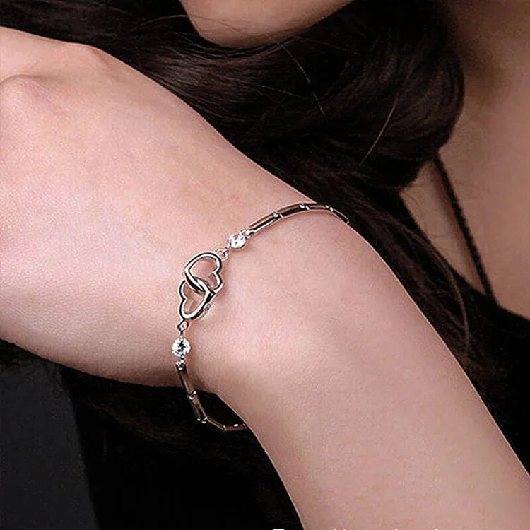 For Mother/Daughter - S925 Mother & Daughter Forever Linked Together Crystal Heart To Heart Bracelet