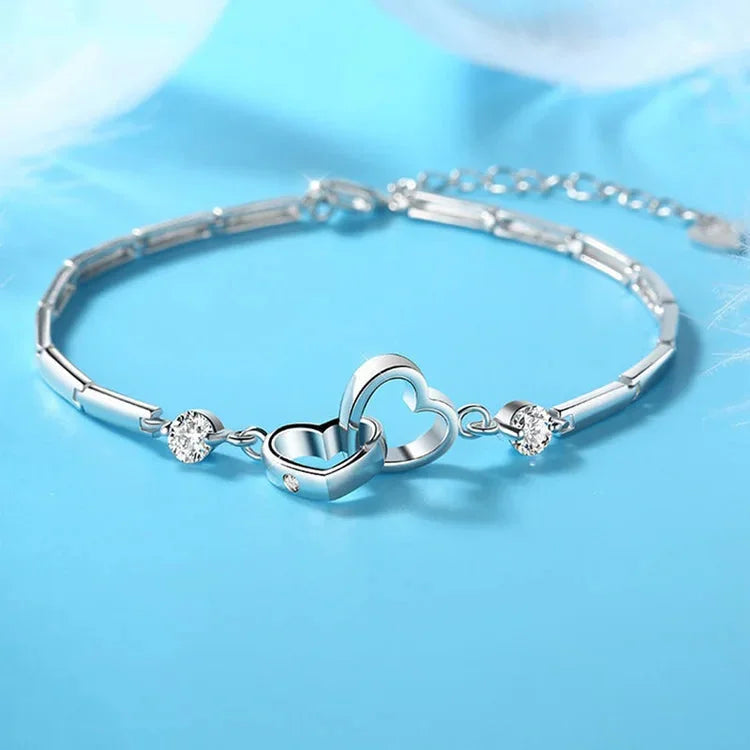 For Mother/Daughter - S925 Mother & Daughter Forever Linked Together Crystal Heart To Heart Bracelet