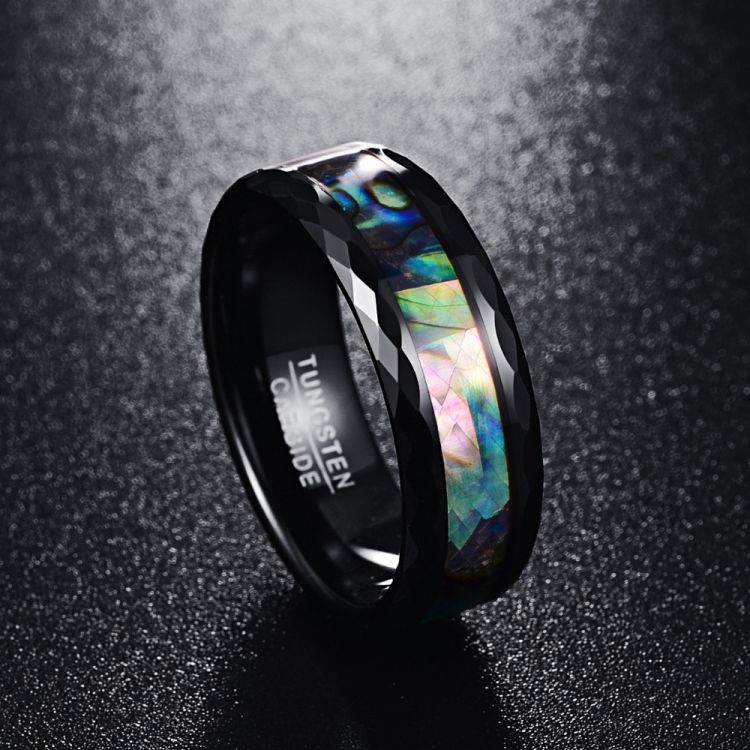 8MM Abalone Shell & Polished Black Faceted Tungsten Carbide Men's Ring