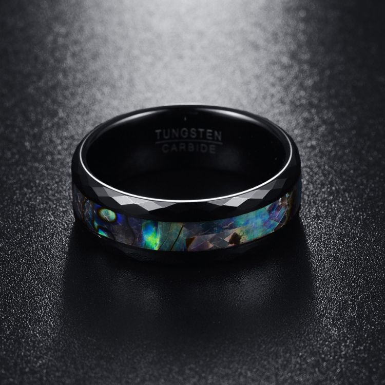 8MM Abalone Shell & Polished Black Faceted Tungsten Carbide Men's Ring
