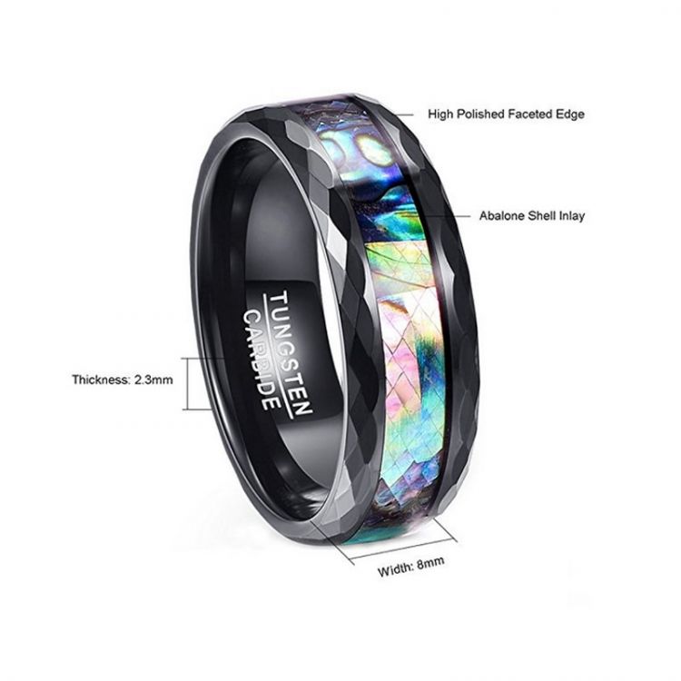 8MM Abalone Shell & Polished Black Faceted Tungsten Carbide Men's Ring