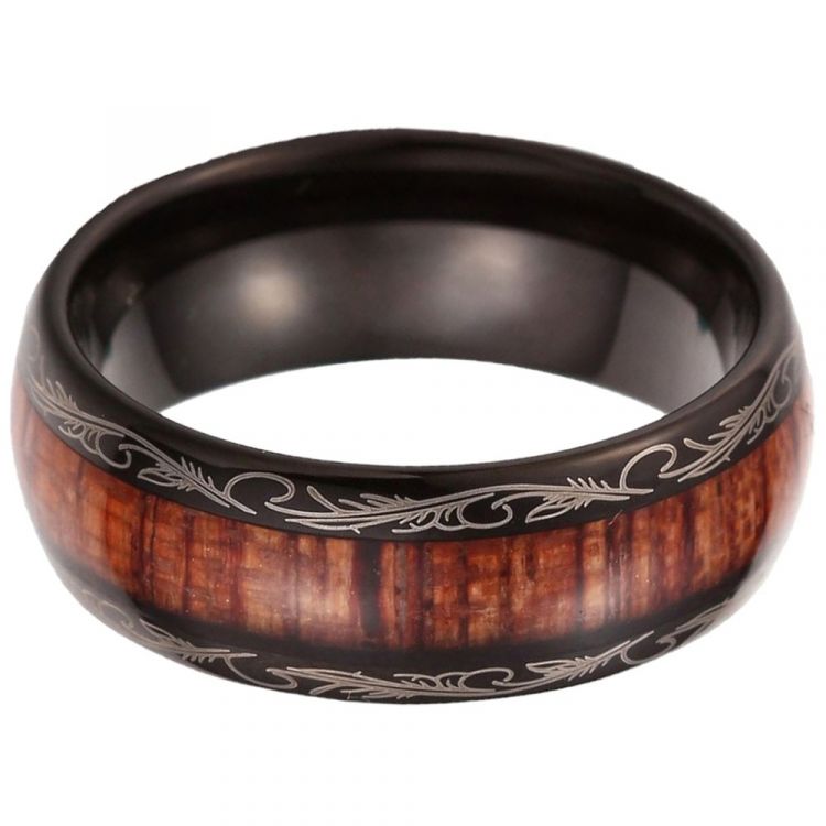 8mm Black Tribal Tungsten Carbide Koa Wood Men's Ring