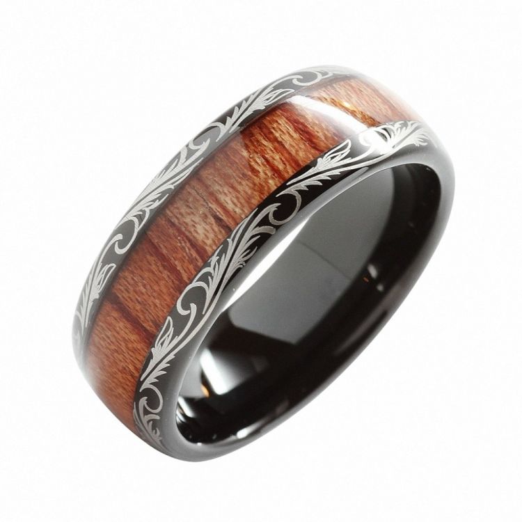 8mm Black Tribal Tungsten Carbide Koa Wood Men's Ring