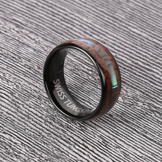 LIMITED EDITION 8MM Black Onyx Tungsten Carbide Abalone and Koa Wood Men's Ring