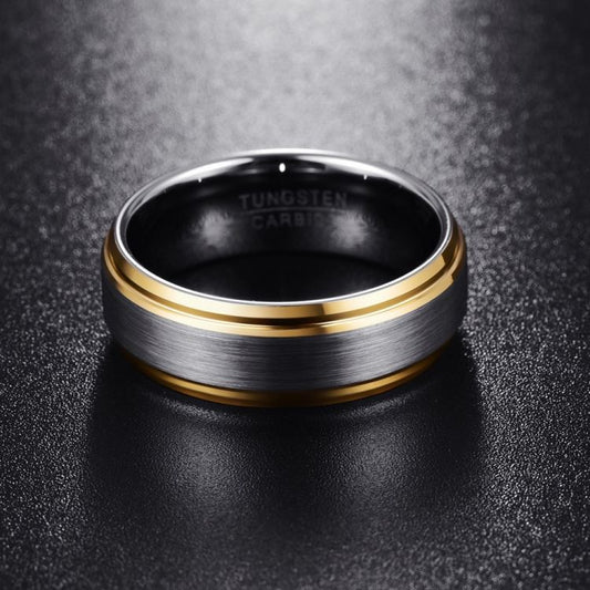 8MM Classic Gold Edge Brushed Silver Tungsten Men's Ring