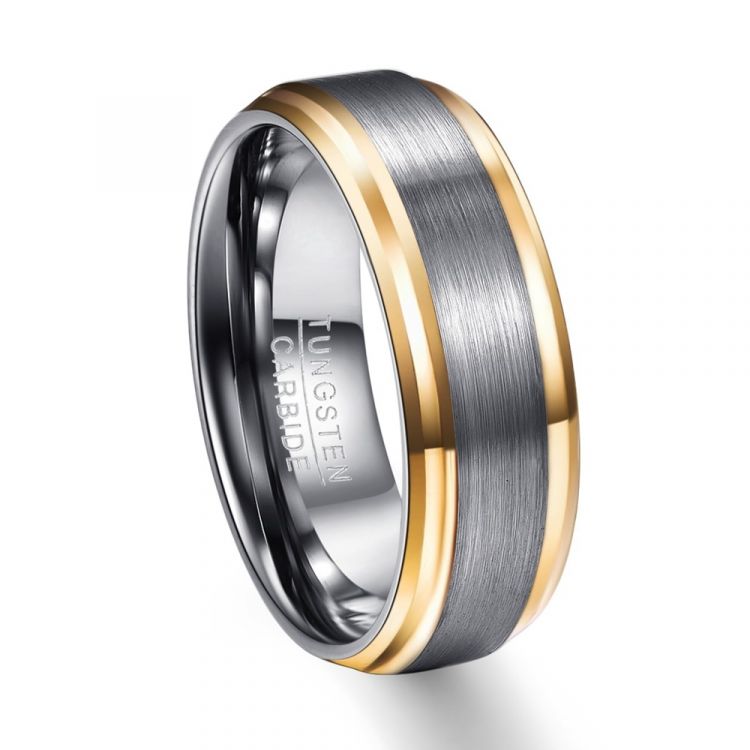 8MM Classic Gold Edge Brushed Silver Tungsten Men's Ring