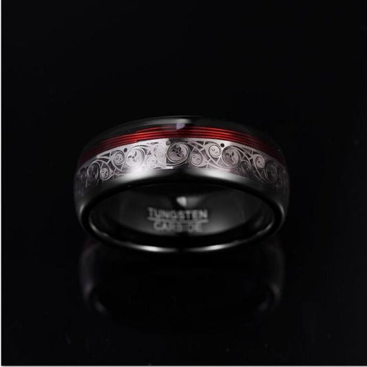 8MM Triple Spiral and Red Guitar String Tungsten Men's Ring