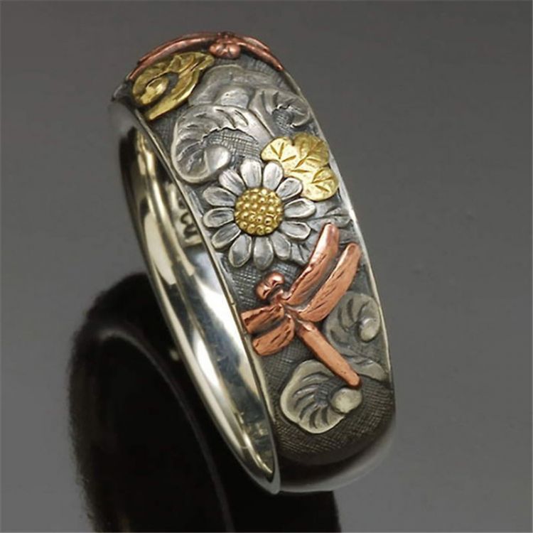 Vintage Dragonfly and Sunflower Men's Ring