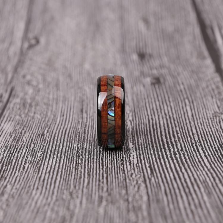 LIMITED EDITION 8MM Black Onyx Tungsten Carbide Abalone and Koa Wood Men's Ring