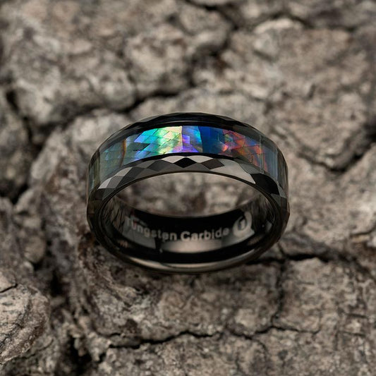 8MM Abalone Shell & Polished Black Faceted Tungsten Carbide Men's Ring