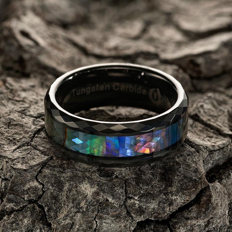 8MM Abalone Shell & Polished Black Faceted Tungsten Carbide Men's Ring
