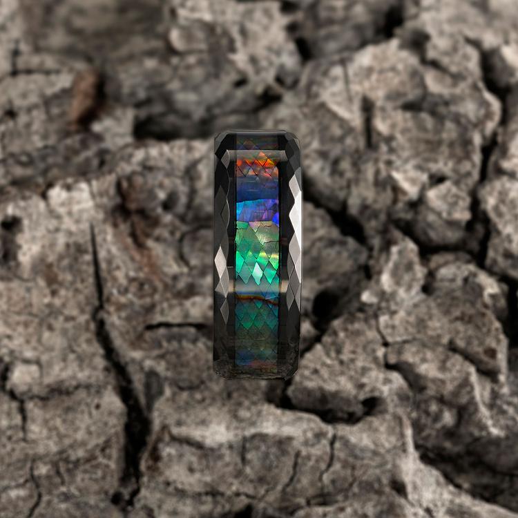 8MM Abalone Shell & Polished Black Faceted Tungsten Carbide Men's Ring