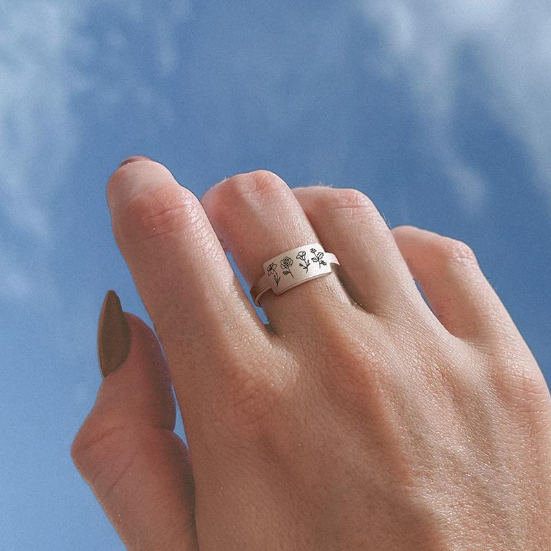 Sterling Silver Birth Month Flower Ring Custom Personalized Gift For Her