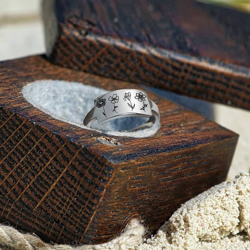 Sterling Silver Birth Month Flower Ring Custom Personalized Gift For Her