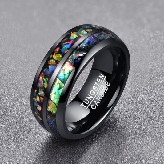 8MM Black Electroplated and Inlaid Shell Domed Tungsten Carbide Men's Ring