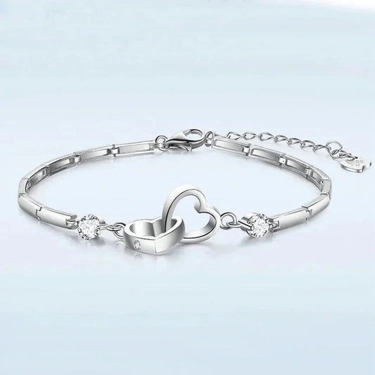For Mother/Daughter - S925 Mother & Daughter Forever Linked Together Crystal Heart To Heart Bracelet